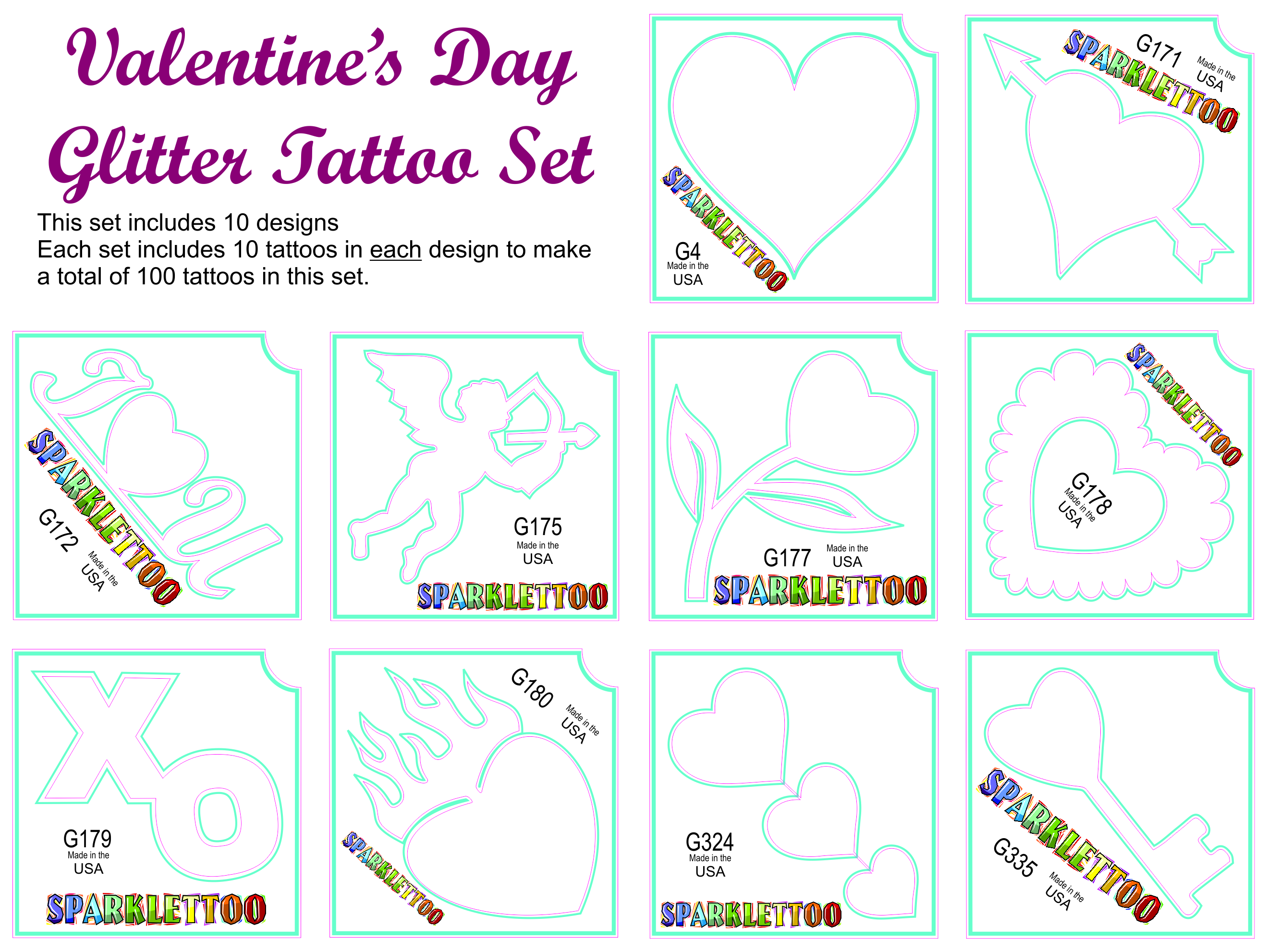 Valentine Glitter Tattoo Stencil Set 